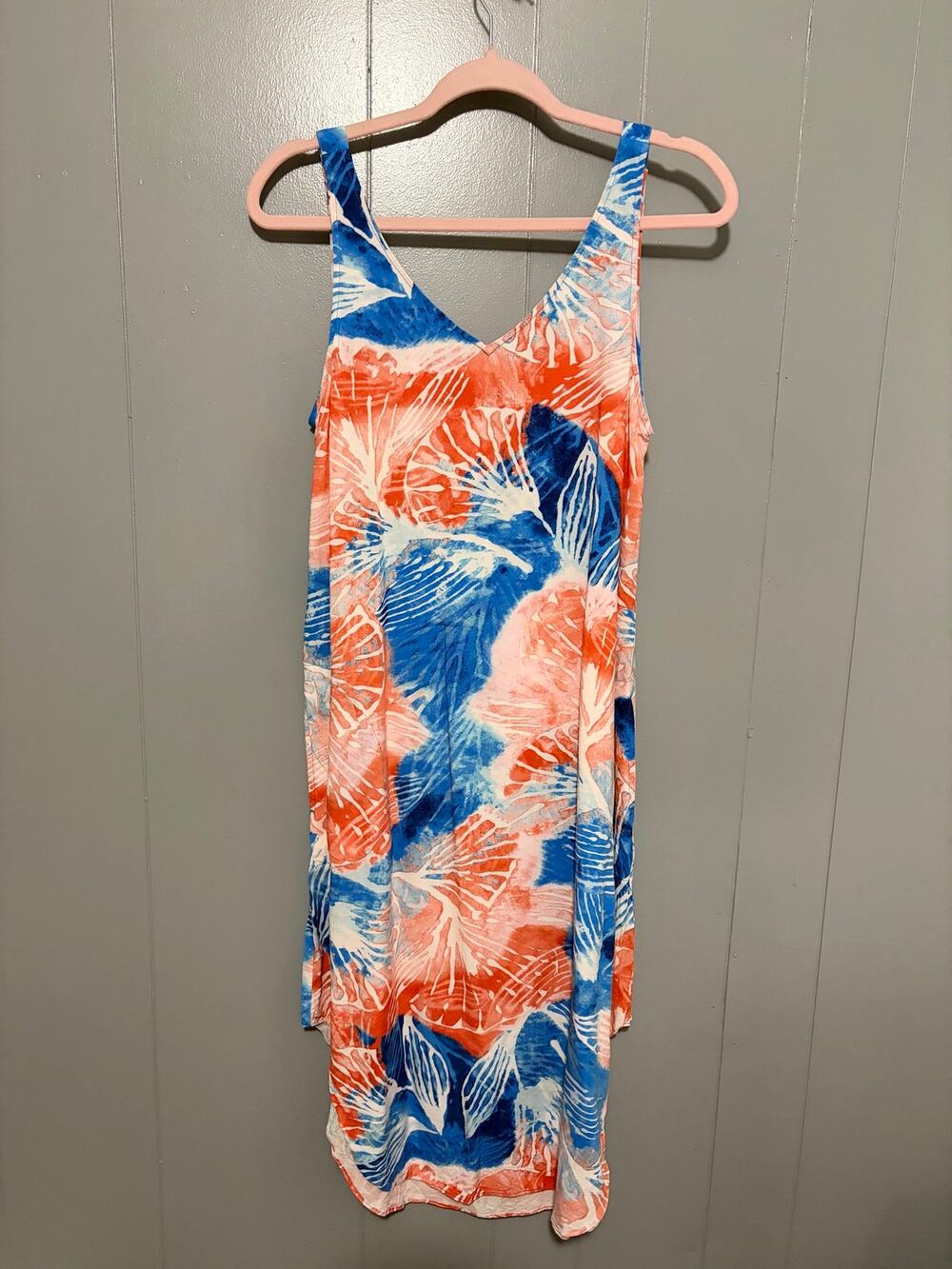 Nic+Zoe Blue Orange Tropical Print Sleeveless Scoop Hem Summer Midi Dress M